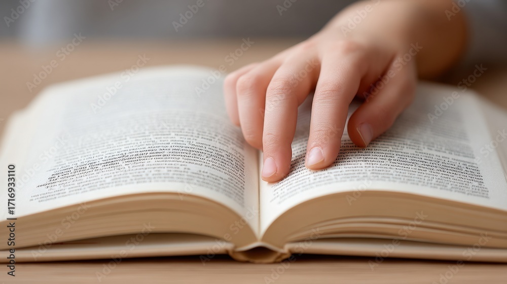 Fototapeta premium Close-Up of a Hand Gently Pointing at Text in an Open Book on a Wooden Surface with Soft Natural Light and a Blurred Background