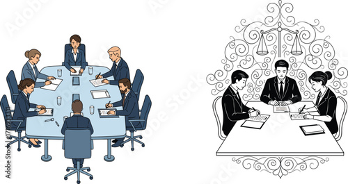 Corporate lawyers meeting, professional legal team consultation, business contract signing, law firm negotiation, attorney services, justice discussion, legal office teamwork illustration