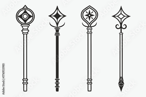 Four stylized fantasy wizard staffs with unique decorative tops and simple handles magic staff fantasy staff