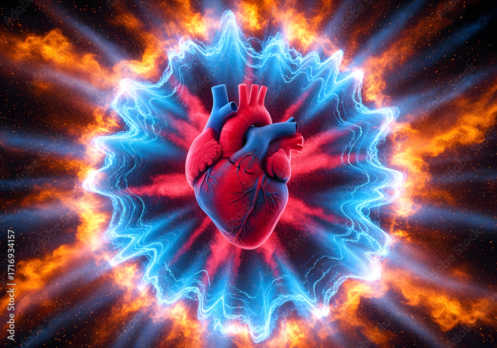 Fototapeta premium A heart made of red and blue powder is in the middle of a blue and orange explosion