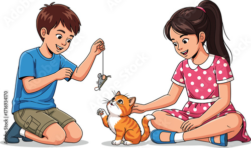 Happy boy playing with kitten toy, smiling girl petting cat, children bonding with pets, cartoon kids having fun together with animals