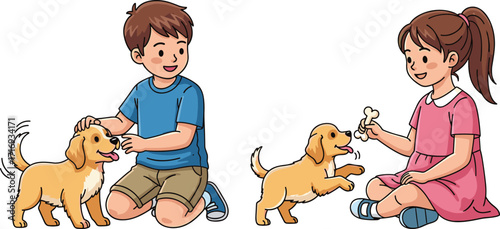 Happy boy petting golden retriever puppy, smiling girl feeding dog with bone, kids playing with pets, children enjoying dogs, cartoon illustration