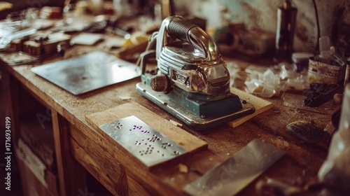 Vintage woodworking tools on a cluttered workbench.