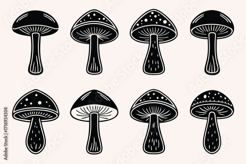 Eight black fantasy mushroom illustrations with white details on a light background fungi black and white