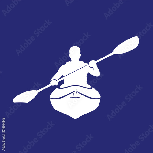 Silhouette of a person paddling a kayak on calm water with a double-bladed paddle in a minimalist style