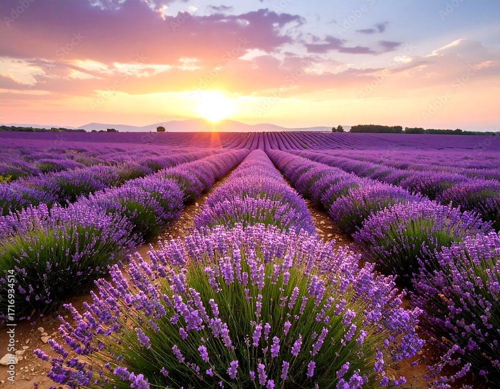 Obraz premium Lavender field at sunset. Vast rows of purple flowers under a golden sky