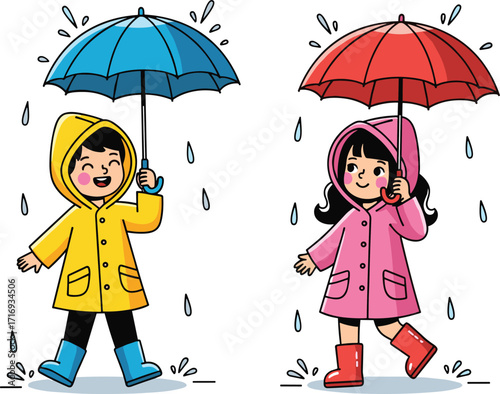 Happy children with umbrellas, kids wearing raincoats, rainy day fun, jumping in puddles, childhood joy, waterproof clothing, monsoon season illustration