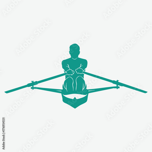 Silhouette of a single rower in a sculling boat holding two oars in a balanced rowing position on water