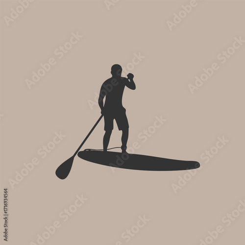 Silhouette of a person standing on a paddleboard holding a paddle against a plain background with shadow