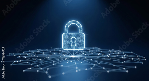 Digital security concept with a glowing padlock icon at the center of a futuristic network, symbolizing robust data protection, cybersecurity, and online privacy.