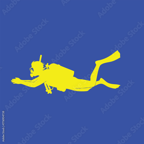 Silhouette of a scuba diver swimming underwater with full diving gear against a solid blue background