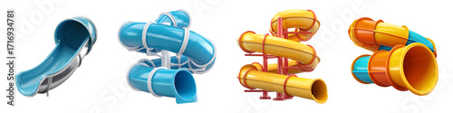 Colorful Water Slide Structures for Aquatic Fun and Recreation isolated on transparent background.