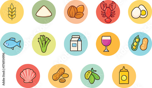 Flat Vector Collection of Colorful Food Allergen Icons in Circular Badges