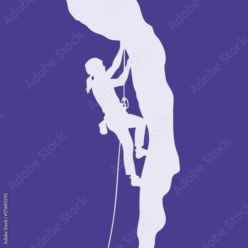 Silhouette of a female rock climber ascending a steep cliff with safety rope against a solid background