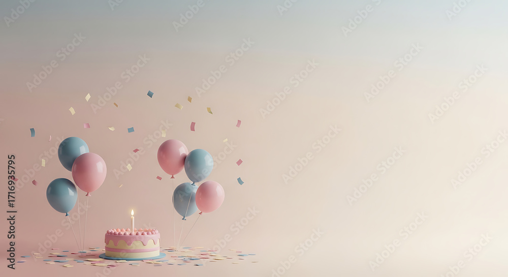 Fototapeta premium A small, iced cake with a lit candle stands amidst floating pink and blue balloons and scattered confetti against a soft, gradient background.