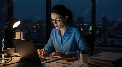 Fototapeta Naklejka Na Ścianę i Meble -  Dedicated woman working late on laptop, city lights twinkle in the night sky background