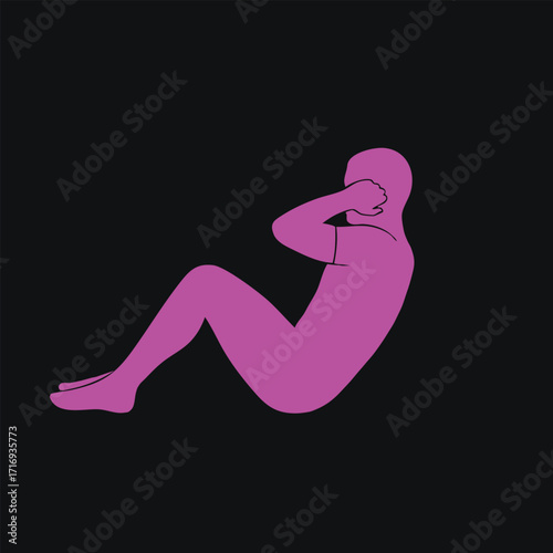Purple silhouette of a person performing sit-up exercise on a black background for fitness and workout concept