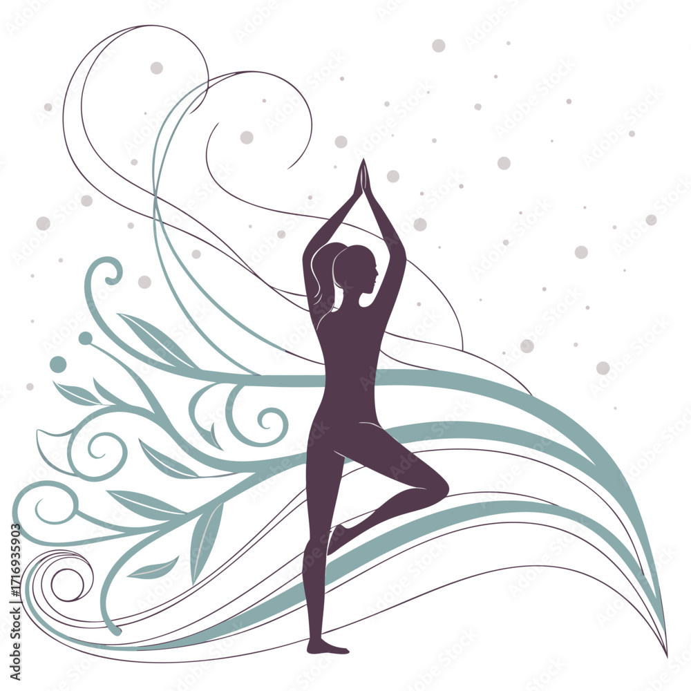 Fototapeta premium “Yoga silhouette abstract design: meditation poses with dust splash particles, calm energy waves, mindfulness motion art for wellness posters, spa branding, and spiritual lifestyle design concepts”