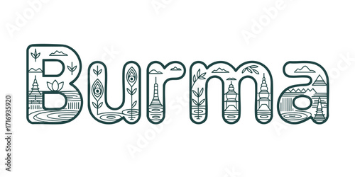Burma decorative outline typography with Myanmar landmarks, traditional nature symbols, pagodas and cultural elements on transparent background