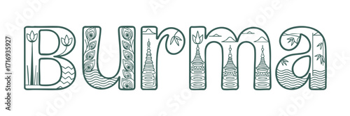 Burma word art vector illustration with Myanmar landmarks, peacock feathers, bamboo, and nature motif, line drawing design