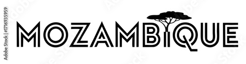 Mozambique Typography Logo with Baobab Tree Silhouette, Modern African Design, Black and Transparent Vector Illustration
