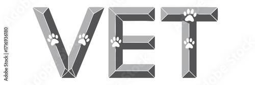 Modern 3D Vet Typography with Animal Paw Prints, Grey Geometric Letters, Veterinary Clinic Logo Design on Transparent Background