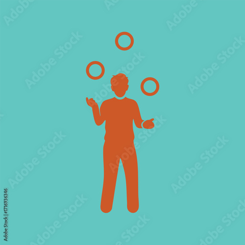 Silhouette of a person juggling three rings against a solid turquoise background in a minimalist style