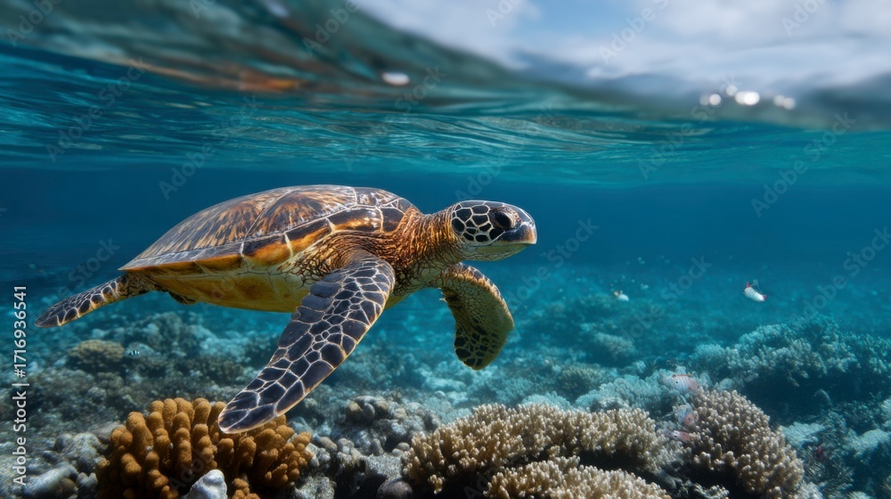 Obraz premium Graceful sea turtle swimming through vibrant coral reef underwater scene tropical ocean environment marine life concept