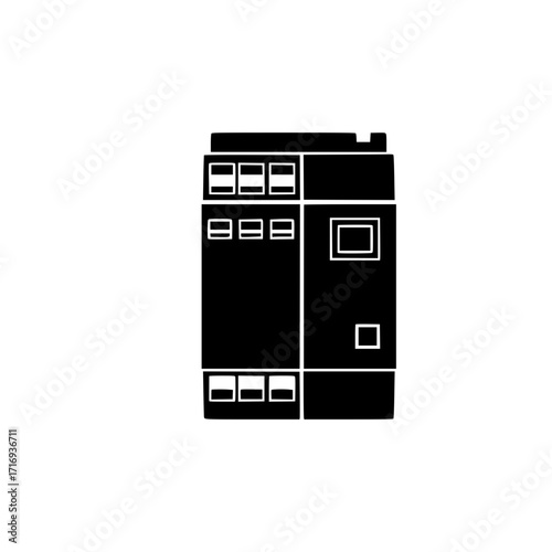 Black vector icon of electrical circuit breaker panel representing power, safety, and energy distribution.