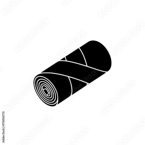 Black vector icon of camping or sleeping mat rolled up for outdoor, travel, and hiking purposes.