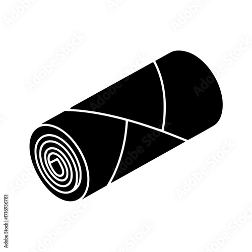 Black rolled yoga or exercise mat vector icon representing fitness, sports, and training accessories.