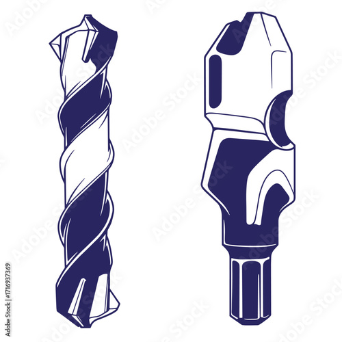 Detailed vector illustration of two industrial drill bits isolated on white background