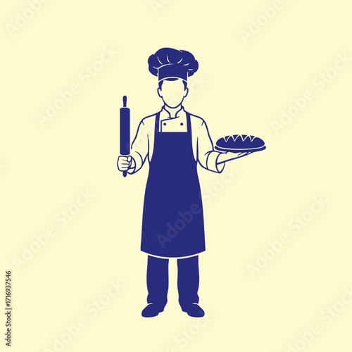 Illustration of a chef wearing apron and hat holding a rolling pin and freshly baked bread in hands