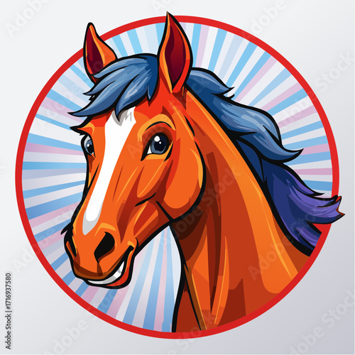 Magnifique illustration d'un cheval marron, portrait serré, coloré, fond blanc
