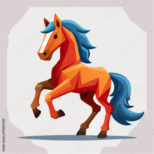 Jolie illustration d'un magnifique cheval cabré,  marron orange, à la crinière bleutée, fond blanc