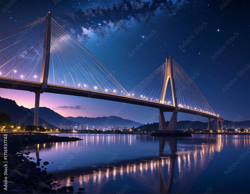 Fototapeta premium A majestic cable-stayed bridge spans a tranquil body of water at night, under a starry sky