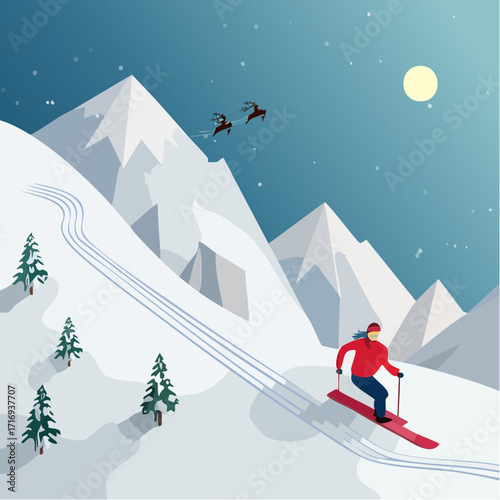 Jolie scène de ski, descente, plaisir, montagne enneigée, soleil, ciel bleu, hors-piste 