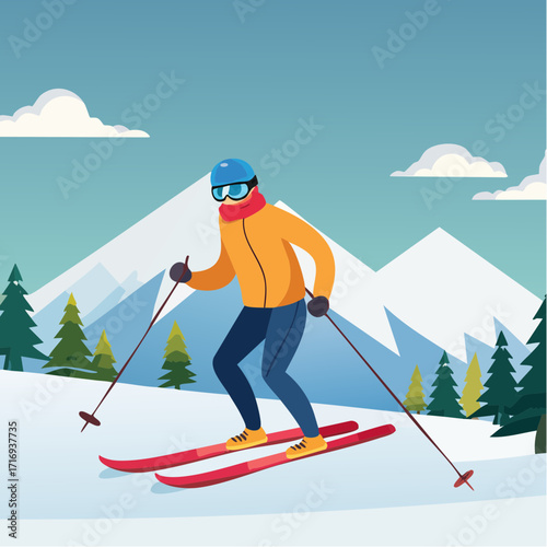 Jolie scène de ski, descente, plaisir, montagne enneigée, soleil, ciel bleu, hors-piste 