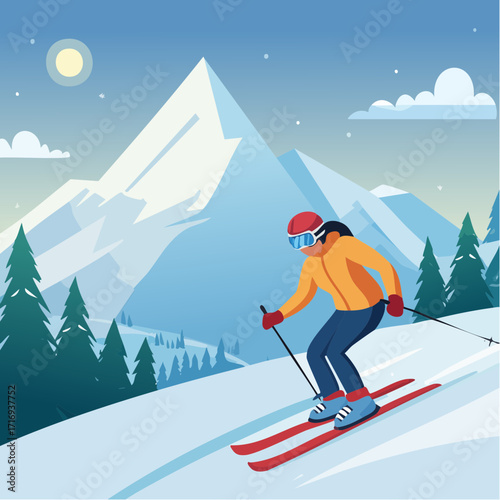 Jolie scène de ski, descente, plaisir, montagne enneigée, soleil, ciel bleu, hors-piste 