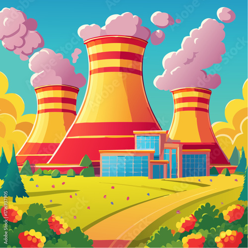 Centrale nucléaire avec cheminées, extérieur, nature
