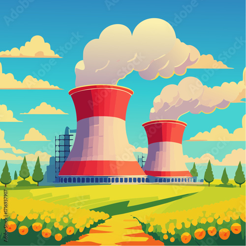 Centrale nucléaire, site nucléaire, extérieur, nature, cheminées 