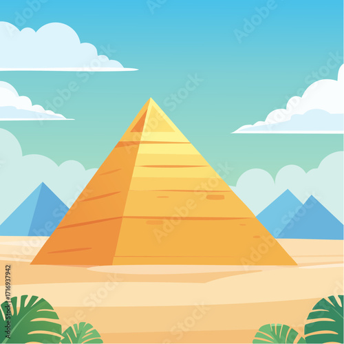 Jolie pyramide, ciel bleu ensoleillé, désert, palmiers