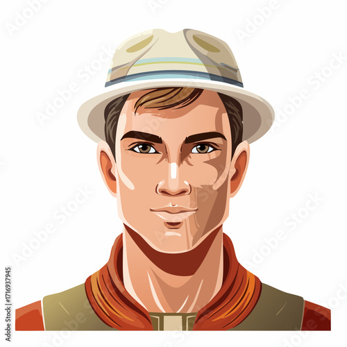 Jeune homme trentenaire portant un chapeau, fond blanc, illustration type dessin