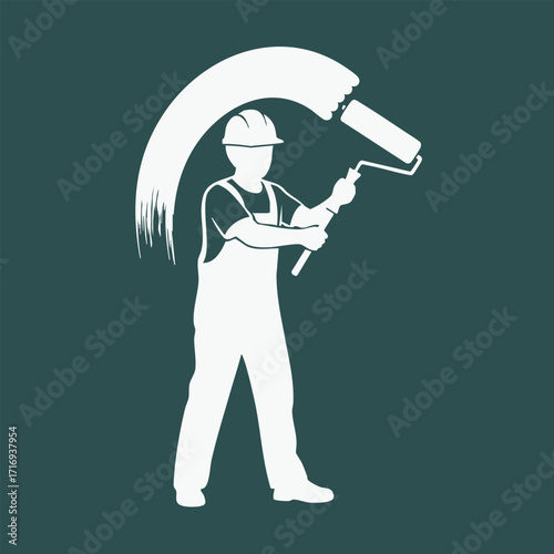 Silhouette of a construction worker wearing a helmet and overalls painting a wall with a roller brush