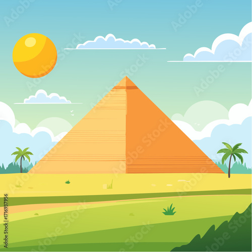 Jolie pyramide, ciel bleu ensoleillé, palmiers
