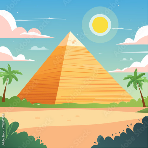 Jolie pyramide, ciel bleu ensoleillé, désert, palmiers
