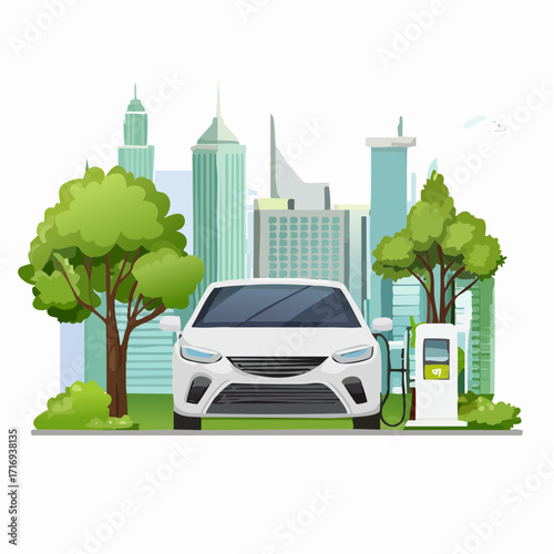 Voiture électrique, borne de recharge, arbres et végétation, ville en arrière plan