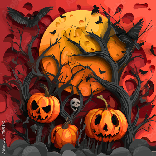 This eerie Halloween scene features a dark, haunted house under the glow of a full moon. A swarm of bats flies across the sky, silhouetted against the orange and blue hues. The house, with glowing win