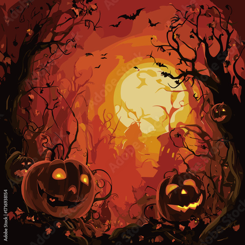 This eerie Halloween scene features a dark, haunted house under the glow of a full moon. A swarm of bats flies across the sky, silhouetted against the orange and blue hues. The house, with glowing win