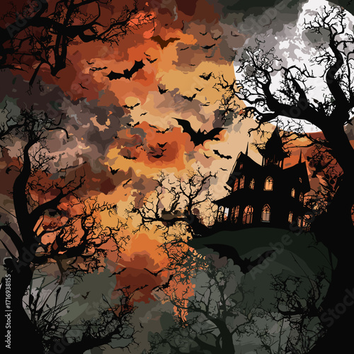 This eerie Halloween scene features a dark, haunted house under the glow of a full moon. A swarm of bats flies across the sky, silhouetted against the orange and blue hues. The house, with glowing win